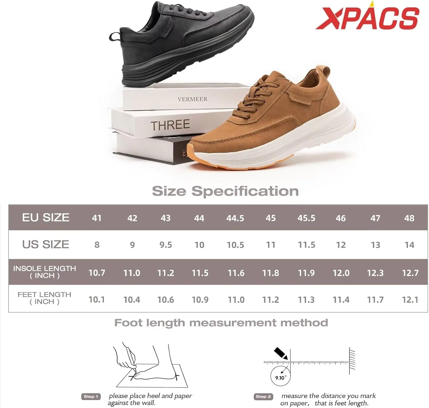 XPACS Men's Orthopedic Leather Dress Walking Shoes: Comfortable Plantar Fasciitis Fashion Sneakers with Arch Support, Casual Business Orthotic Thick Sole Sneakers for Foot and Heel Pain Relief