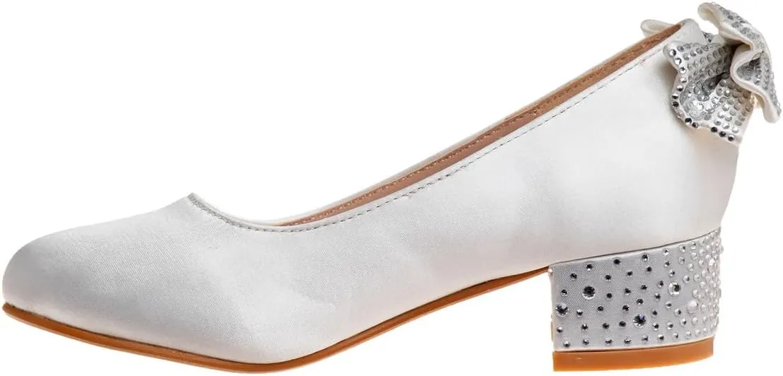 XYD Women Girls Cute Round Toe Dress Loafers Shoes Back Bowknot Crystal Block Low Heels Slip On Pumps
