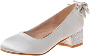 XYD Women Girls Cute Round Toe Dress Loafers Shoes Back Bowknot Crystal Block Low Heels Slip On Pumps
