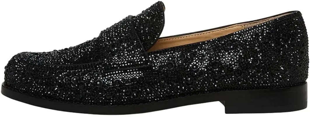 XYD Women's Sparkle Penny Loafer Flat Rhinestone Studded Closed Toe Dressy Glam Low Heel Slip On Evening Fashion Shoes