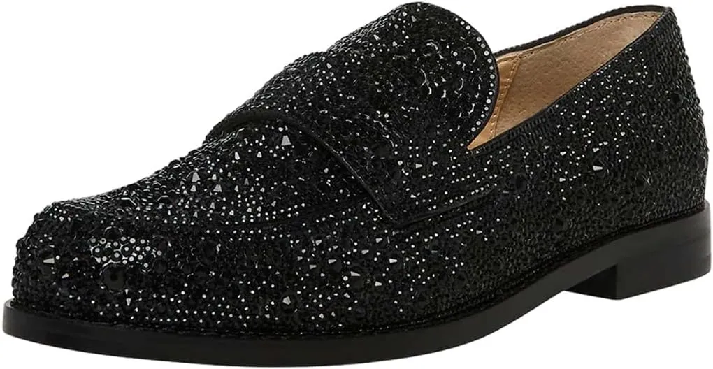 XYD Women's Sparkle Penny Loafer Flat Rhinestone Studded Closed Toe Dressy Glam Low Heel Slip On Evening Fashion Shoes
