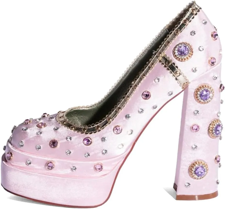 XYD Women's Vintage Bejeweled Diamonds Chunky Block High Heel Double Layered Platform Pumps Slip On Loafers Closed Round Toe Fancy Party Court Shoes