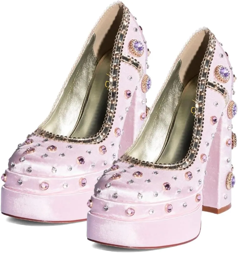 XYD Women's Vintage Bejeweled Diamonds Chunky Block High Heel Double Layered Platform Pumps Slip On Loafers Closed Round Toe Fancy Party Court Shoes