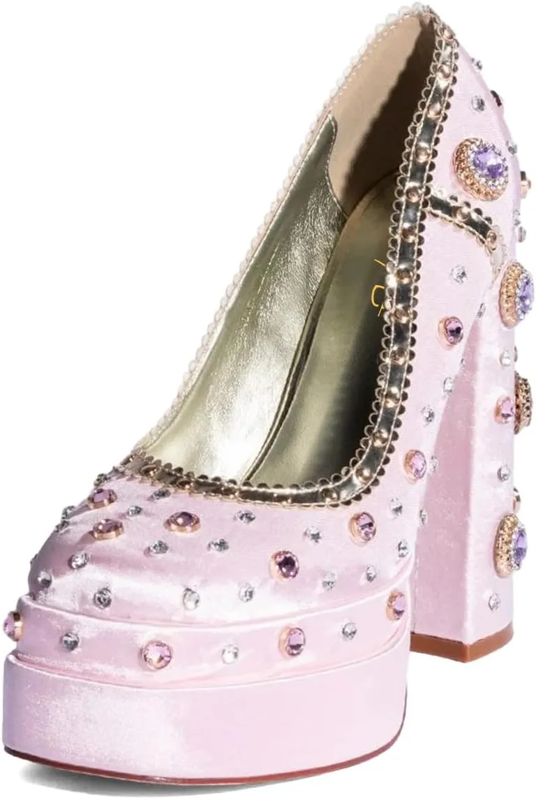 XYD Women's Vintage Bejeweled Diamonds Chunky Block High Heel Double Layered Platform Pumps Slip On Loafers Closed Round Toe Fancy Party Court Shoes