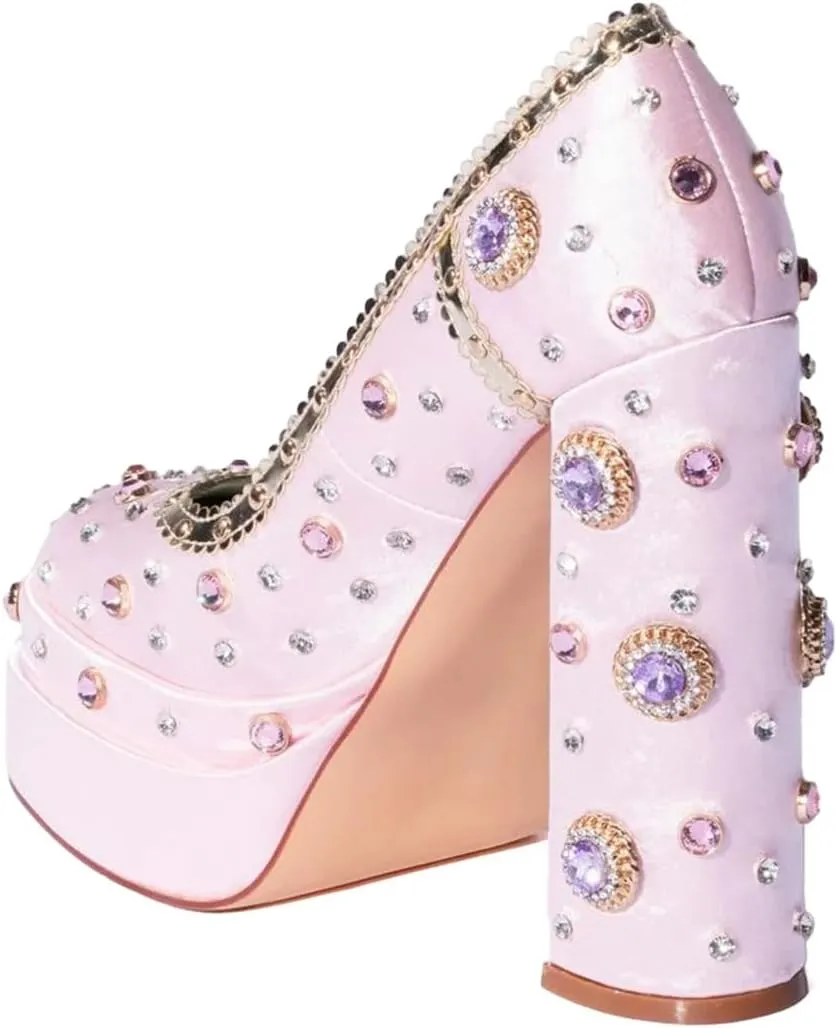 XYD Women's Vintage Bejeweled Diamonds Chunky Block High Heel Double Layered Platform Pumps Slip On Loafers Closed Round Toe Fancy Party Court Shoes