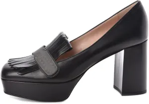 XYD Women's Vintage Platform Pumps with Fringe Block High Heel Slip On Loafers Closed Square Toe Tassels Party Prom Work Shoes