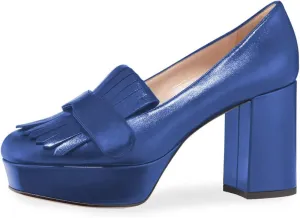 XYD Women's Vintage Platform Pumps with Fringe Block High Heel Slip On Loafers Closed Square Toe Tassels Party Prom Work Shoes
