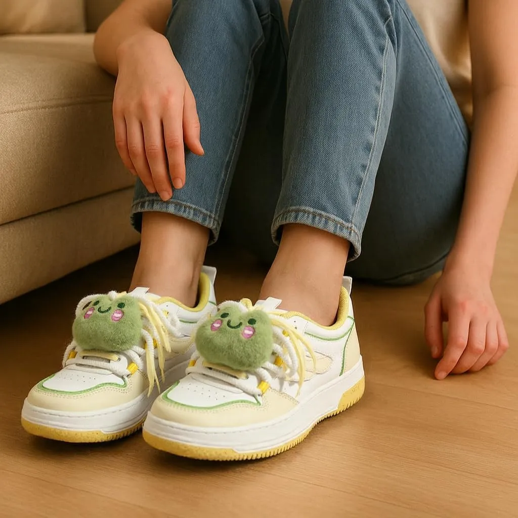 Y2K Cute Chunky Sneakers for Girls Trendy Student Platform Shoes with Heart & Frog Plush Charms, Soft Non-Slip Sole, Everyday Casual Style