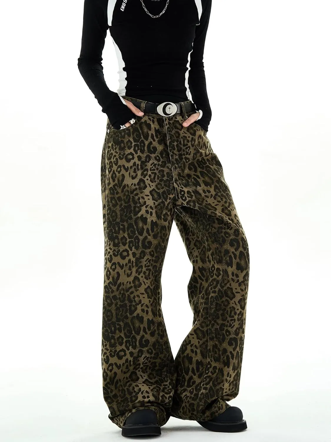Y2K Leopard Jeans for Women - Baggy Unisex Cheetah Print Straight Leg Denim with Pockets, Casual Streetwear