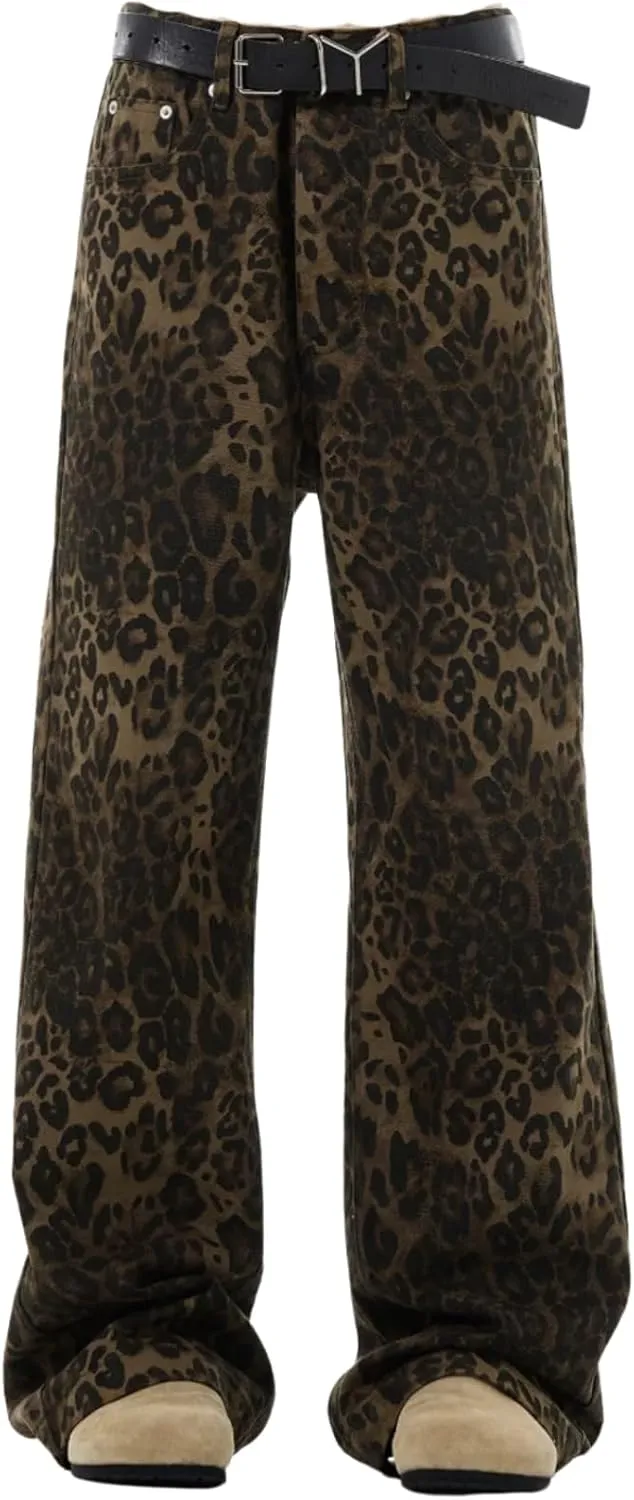 Y2K Leopard Jeans for Women - Baggy Unisex Cheetah Print Straight Leg Denim with Pockets, Casual Streetwear