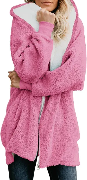 Yanekop Womens Oversized Sherpa Jacket Fuzzy Fleece Jackets Zip Up Outerwear Sweater Coat with Hood