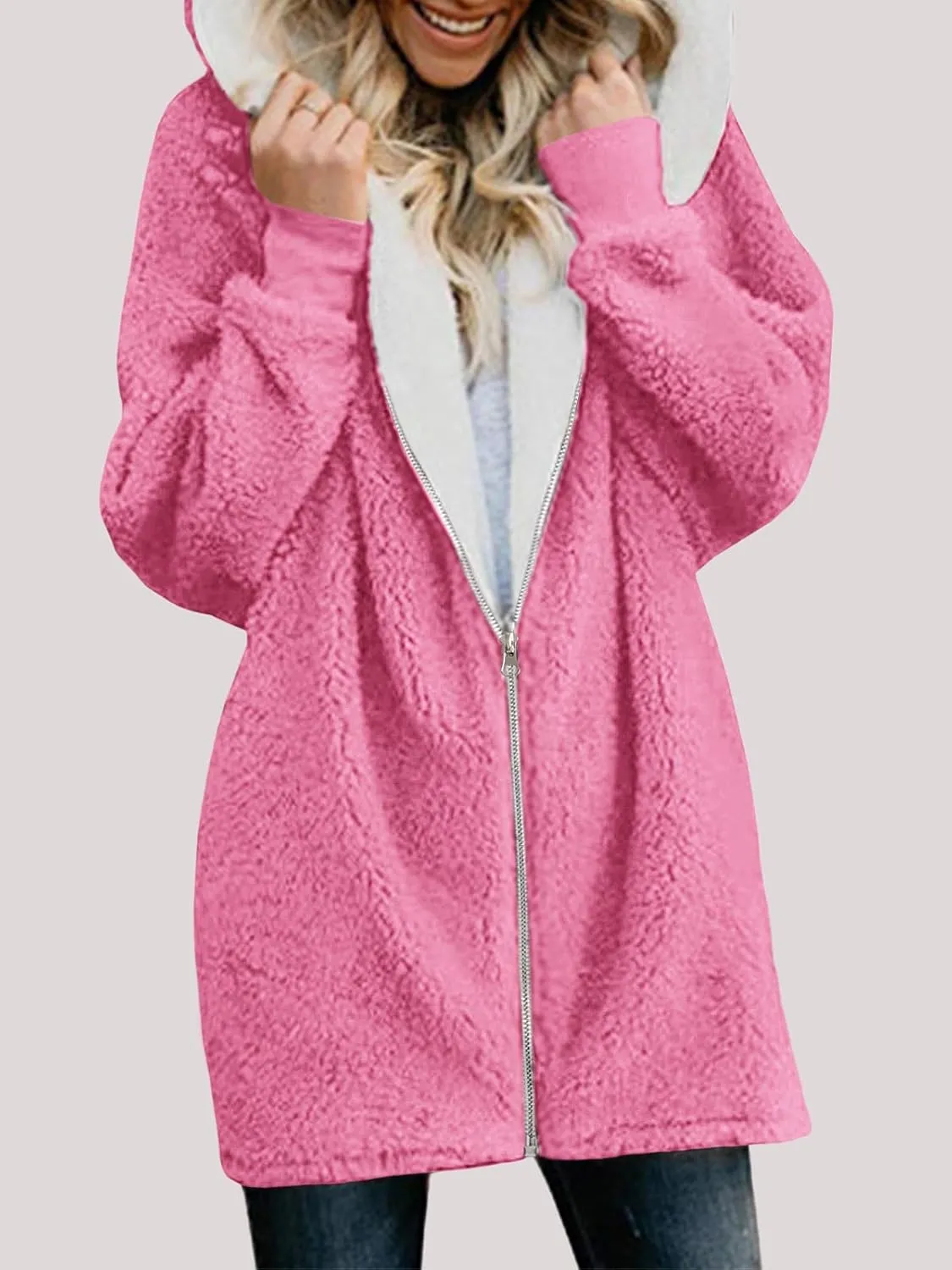 Yanekop Womens Oversized Sherpa Jacket Fuzzy Fleece Jackets Zip Up Outerwear Sweater Coat with Hood