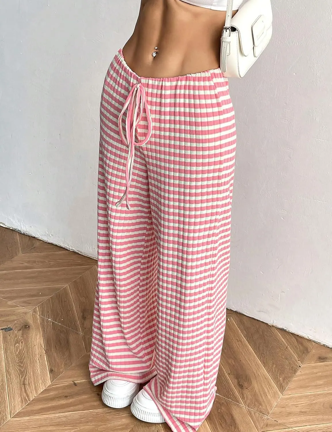 Yimoon Women's Striped Pants Wide Leg Pants Y2K Casual Drawstring Lounge Pants Elastic Waist Knit Baggy Sweatpants