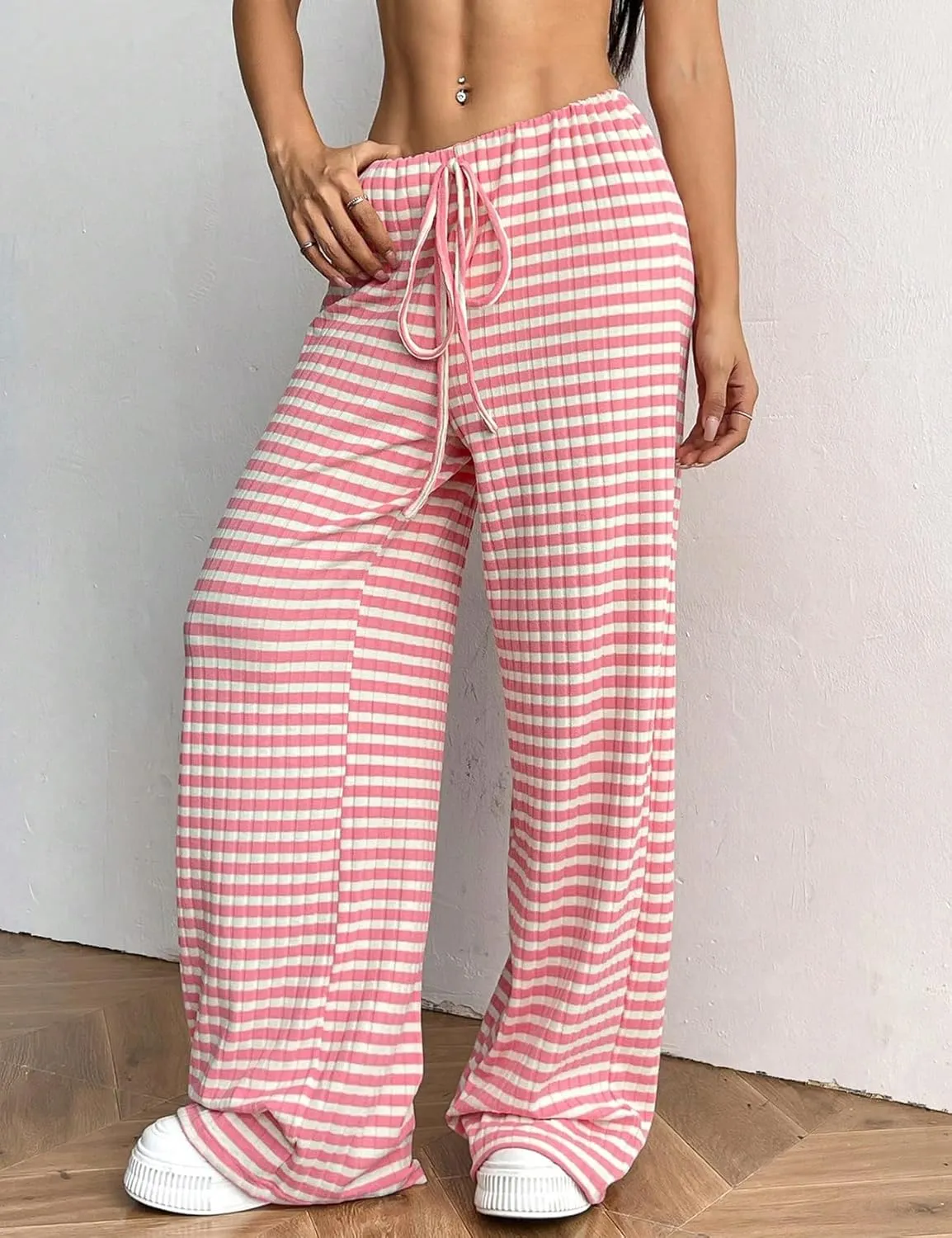 Yimoon Women's Striped Pants Wide Leg Pants Y2K Casual Drawstring Lounge Pants Elastic Waist Knit Baggy Sweatpants