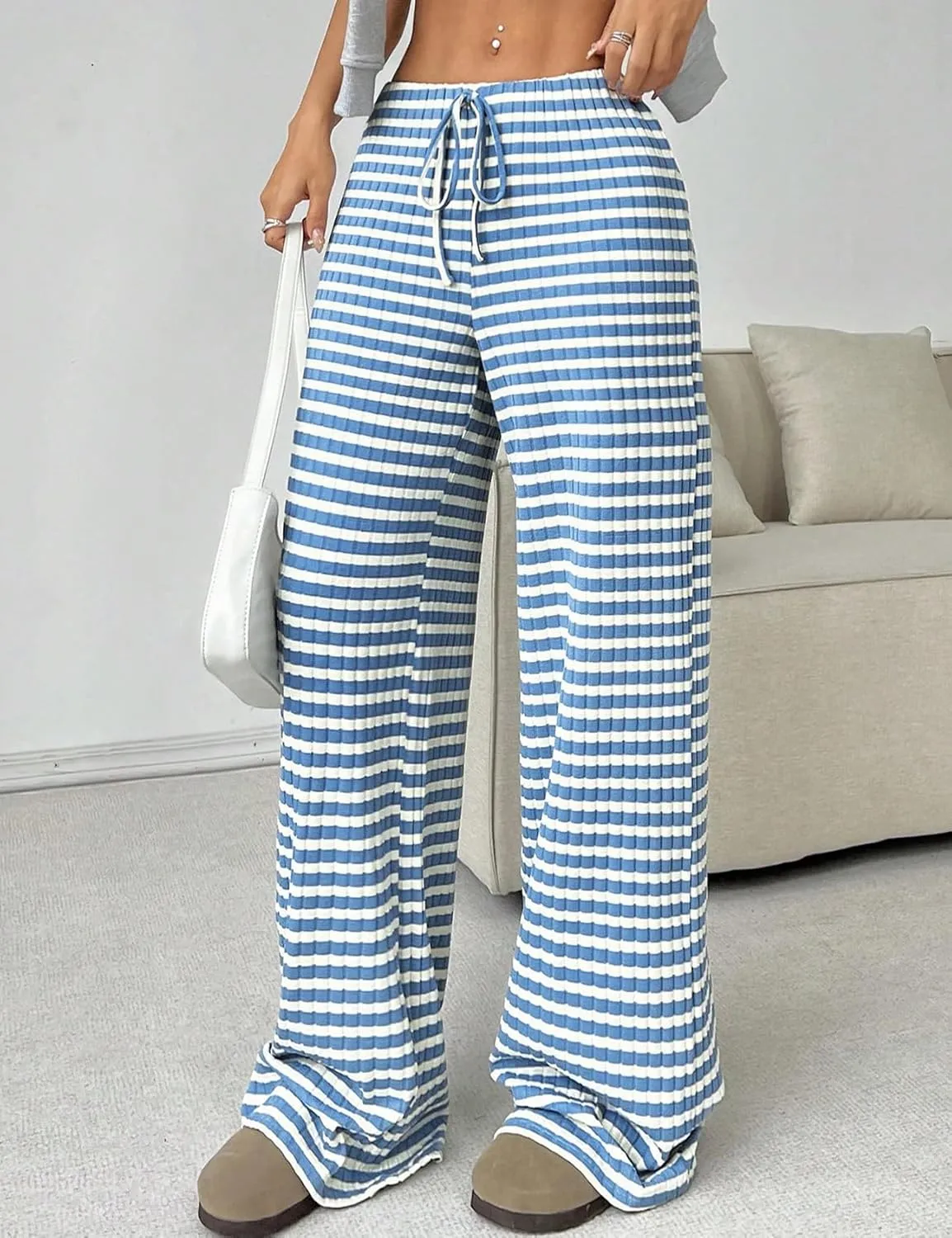 Yimoon Women's Striped Pants Wide Leg Pants Y2K Casual Drawstring Lounge Pants Elastic Waist Knit Baggy Sweatpants