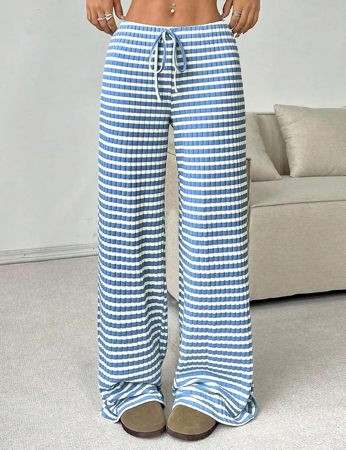 Yimoon Women's Striped Pants Wide Leg Pants Y2K Casual Drawstring Lounge Pants Elastic Waist Knit Baggy Sweatpants