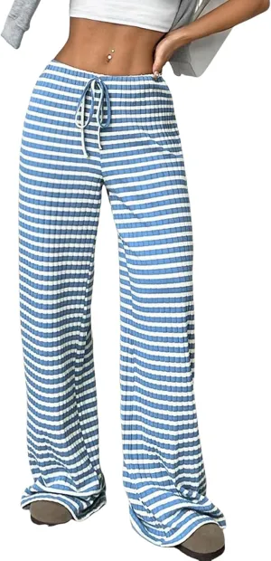 Yimoon Women's Striped Pants Wide Leg Pants Y2K Casual Drawstring Lounge Pants Elastic Waist Knit Baggy Sweatpants