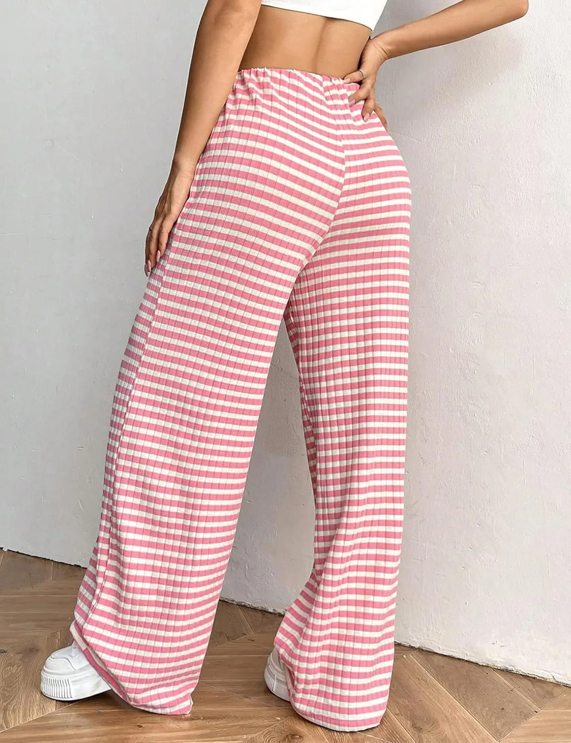 Yimoon Women's Striped Pants Wide Leg Pants Y2K Casual Drawstring Lounge Pants Elastic Waist Knit Baggy Sweatpants