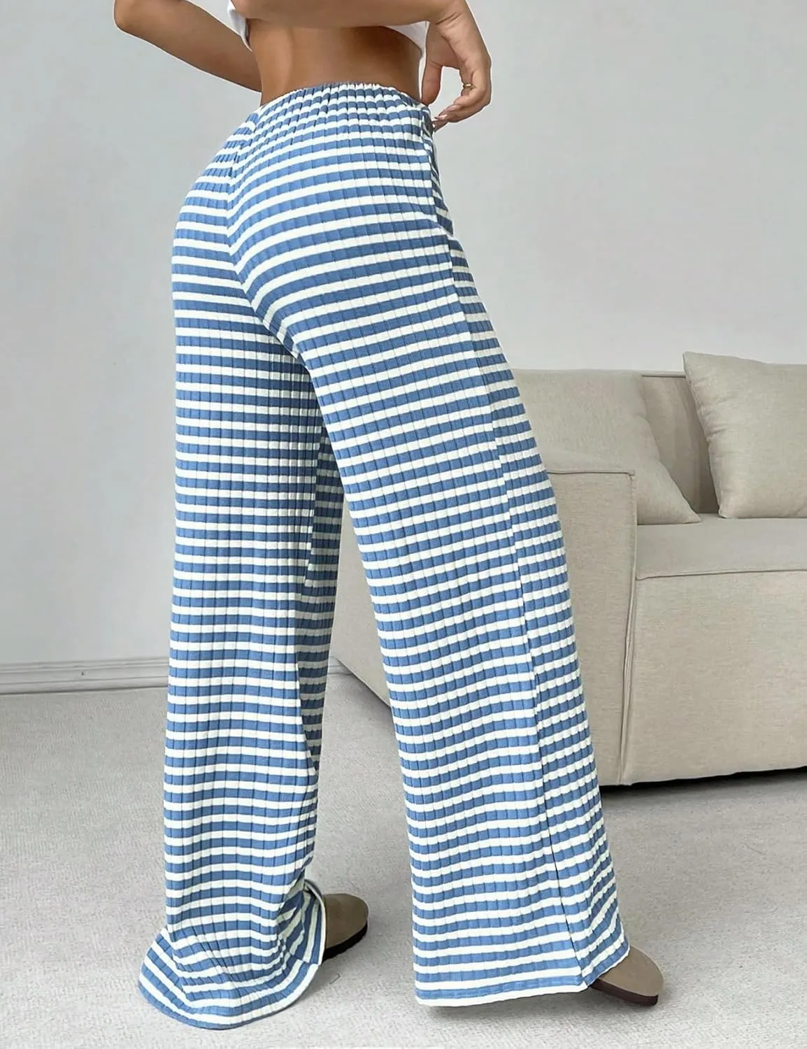 Yimoon Women's Striped Pants Wide Leg Pants Y2K Casual Drawstring Lounge Pants Elastic Waist Knit Baggy Sweatpants