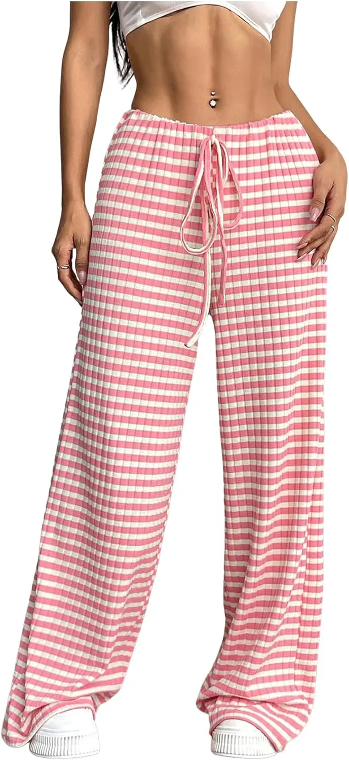 Yimoon Women's Striped Pants Wide Leg Pants Y2K Casual Drawstring Lounge Pants Elastic Waist Knit Baggy Sweatpants