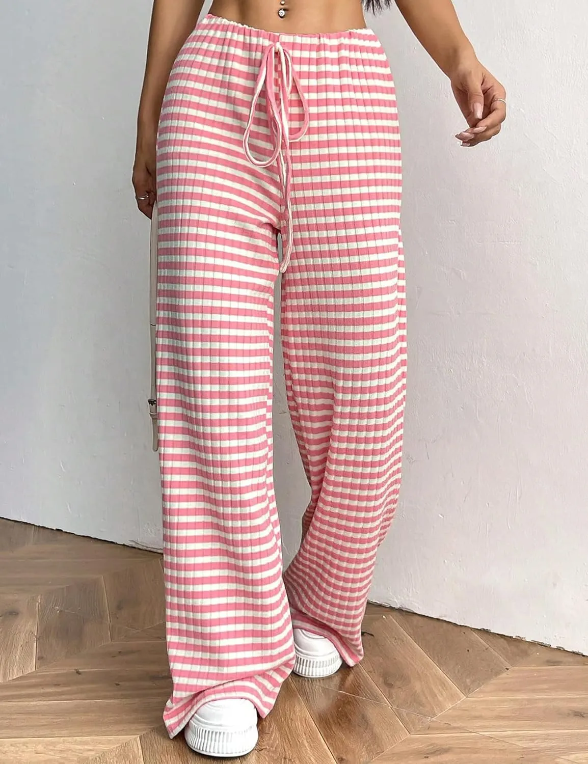 Yimoon Women's Striped Pants Wide Leg Pants Y2K Casual Drawstring Lounge Pants Elastic Waist Knit Baggy Sweatpants
