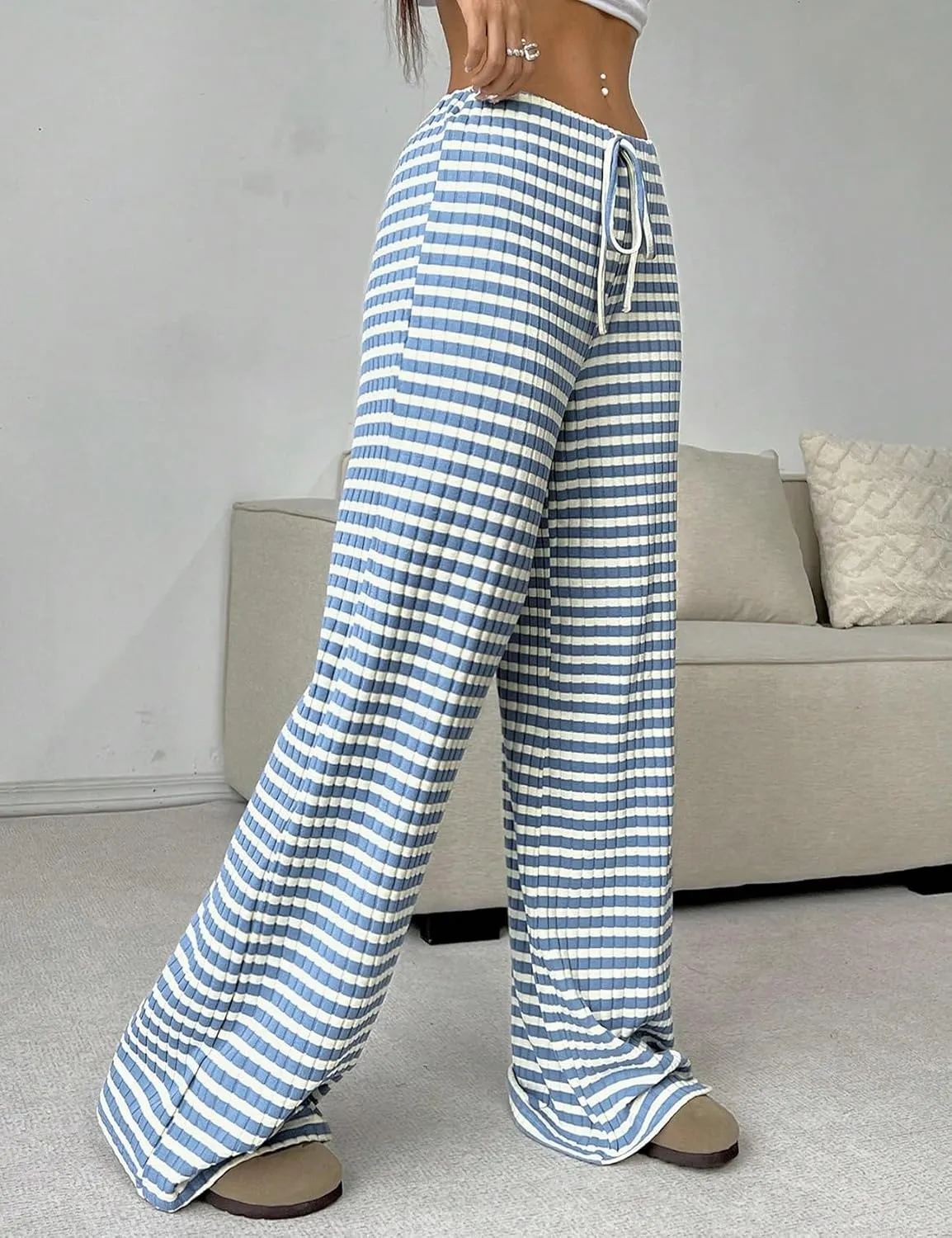 Yimoon Women's Striped Pants Wide Leg Pants Y2K Casual Drawstring Lounge Pants Elastic Waist Knit Baggy Sweatpants