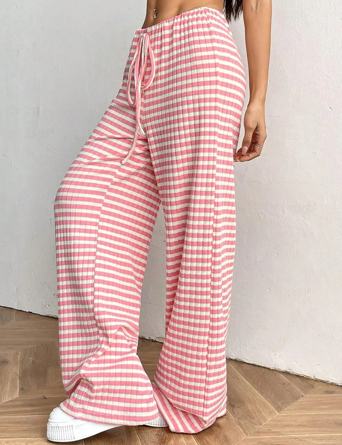 Yimoon Women's Striped Pants Wide Leg Pants Y2K Casual Drawstring Lounge Pants Elastic Waist Knit Baggy Sweatpants