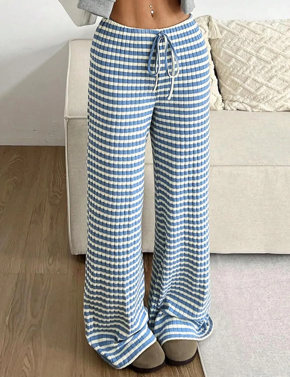 Yimoon Women's Striped Pants Wide Leg Pants Y2K Casual Drawstring Lounge Pants Elastic Waist Knit Baggy Sweatpants
