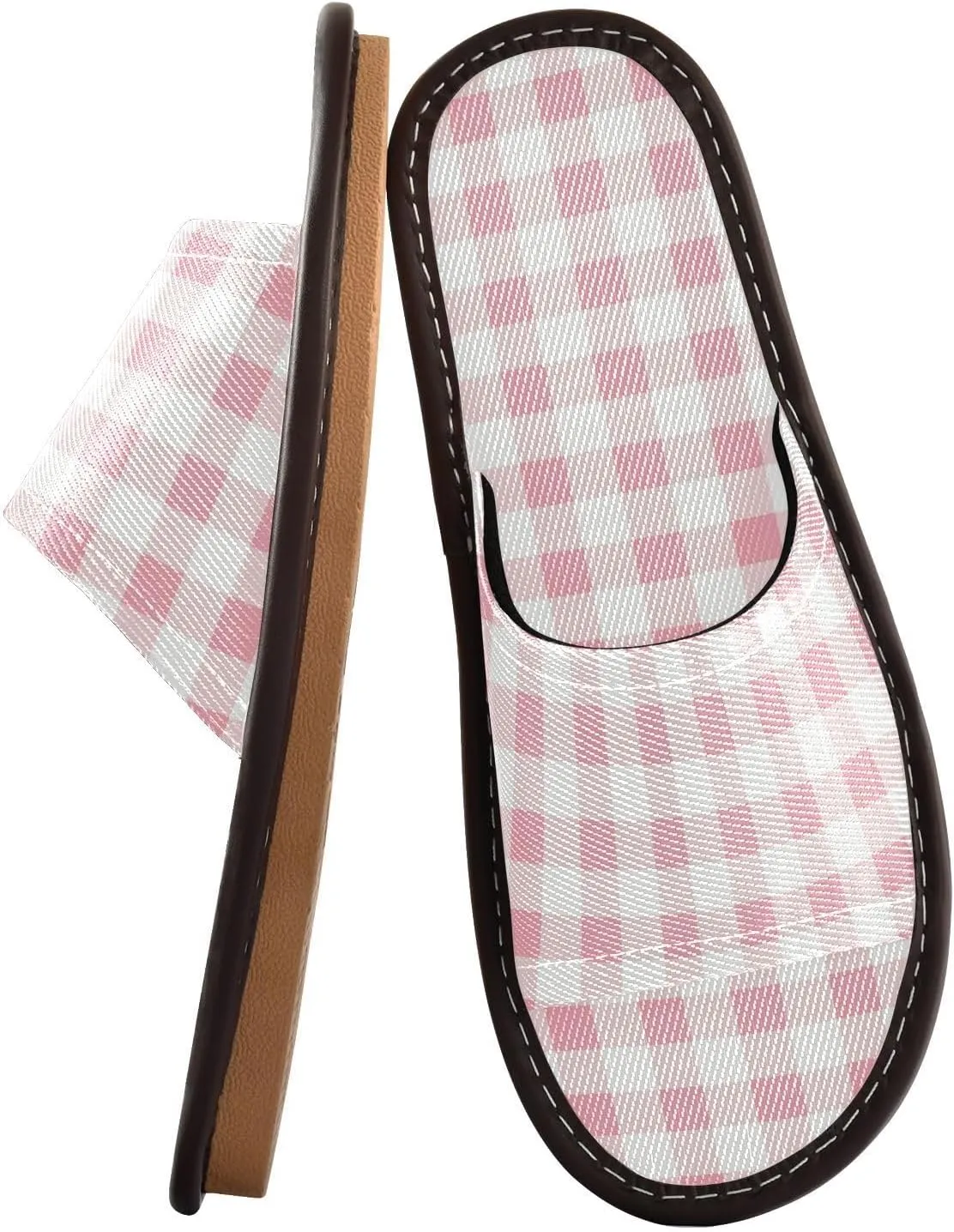 Yuiboo Pink Checkerboard Men Women Spa Slippers Portable Non Slip Sandals for Beach Hotel Bedroom