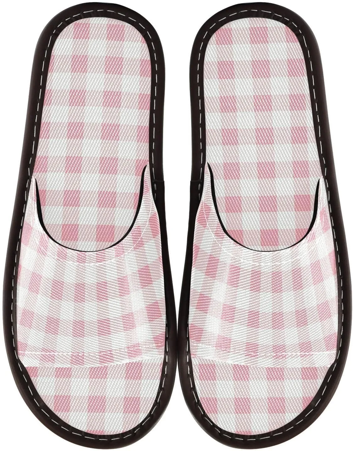 Yuiboo Pink Checkerboard Men Women Spa Slippers Portable Non Slip Sandals for Beach Hotel Bedroom