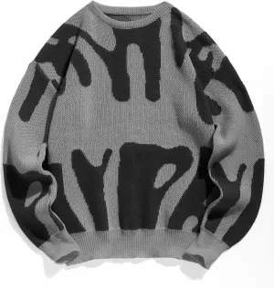 ZAFUL Mens Crewneck Oversized Sweaters Y2K Aesthetic Flame Graphic Knitted Sweater Casual Pullover Long Sleeve Jumpers