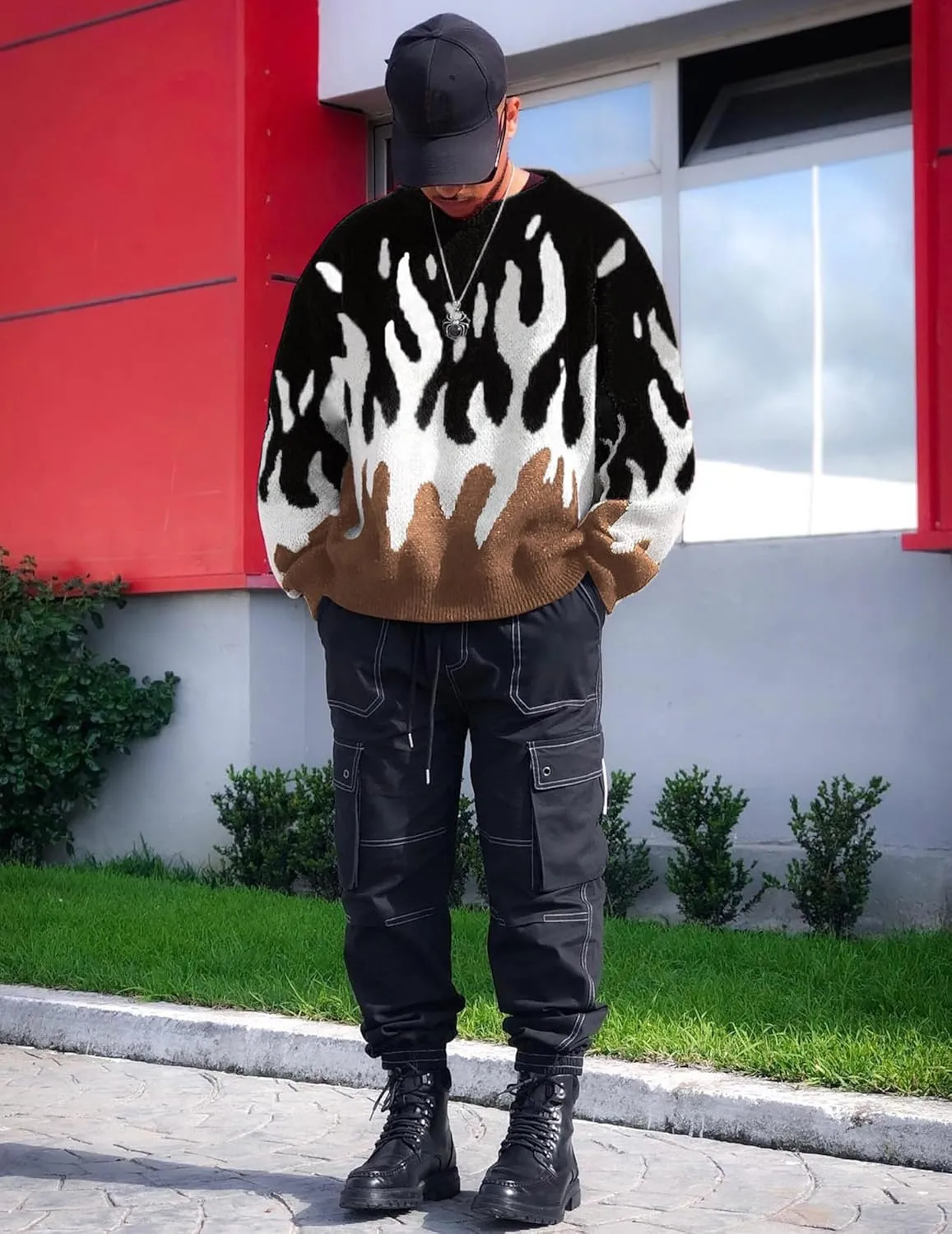 ZAFUL Mens Crewneck Oversized Sweaters Y2K Aesthetic Flame Graphic Knitted Sweater Casual Pullover Long Sleeve Jumpers
