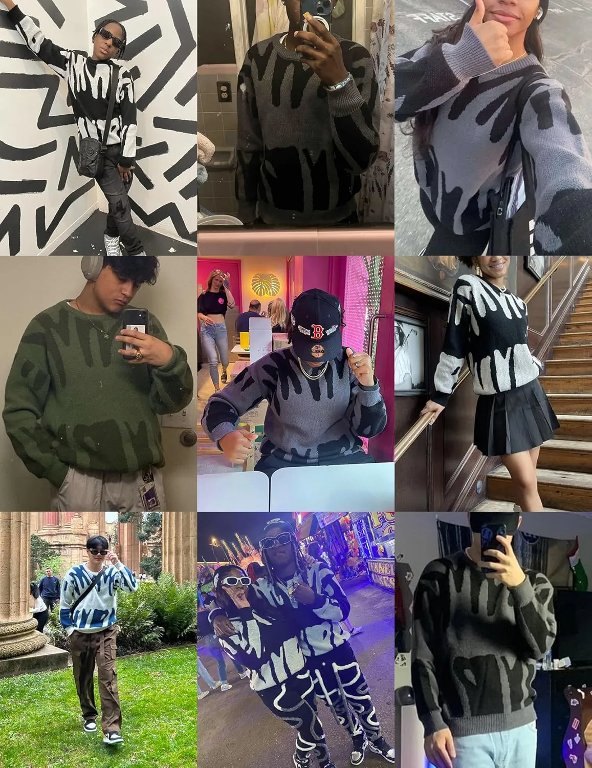 ZAFUL Mens Crewneck Oversized Sweaters Y2K Aesthetic Flame Graphic Knitted Sweater Casual Pullover Long Sleeve Jumpers