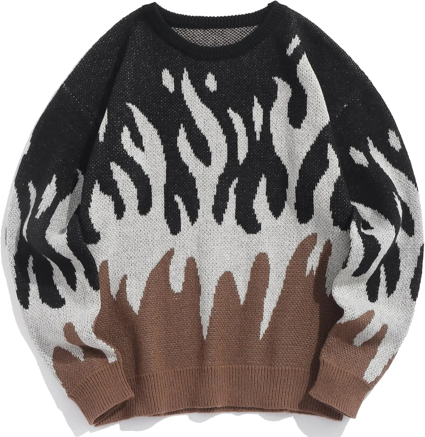 ZAFUL Mens Crewneck Oversized Sweaters Y2K Aesthetic Flame Graphic Knitted Sweater Casual Pullover Long Sleeve Jumpers
