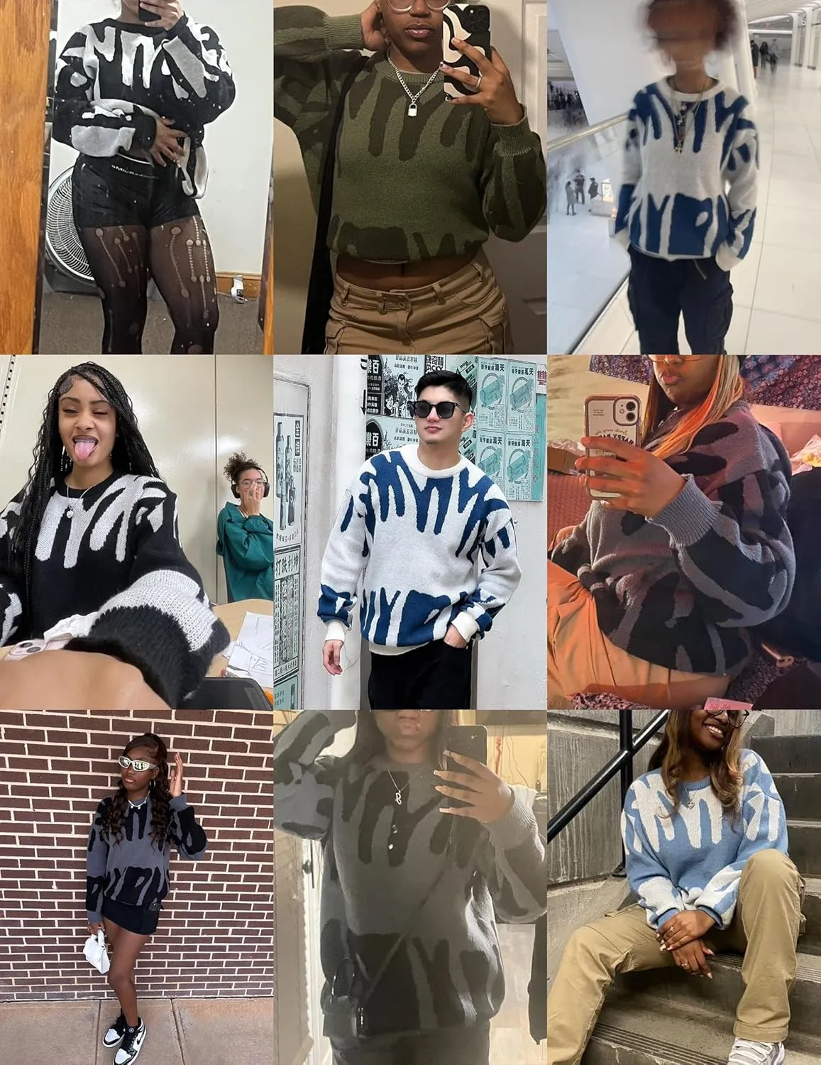 ZAFUL Mens Crewneck Oversized Sweaters Y2K Aesthetic Flame Graphic Knitted Sweater Casual Pullover Long Sleeve Jumpers