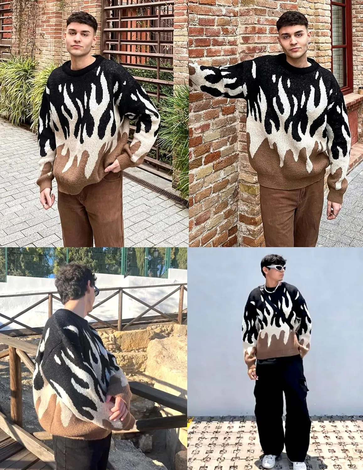 ZAFUL Mens Crewneck Oversized Sweaters Y2K Aesthetic Flame Graphic Knitted Sweater Casual Pullover Long Sleeve Jumpers