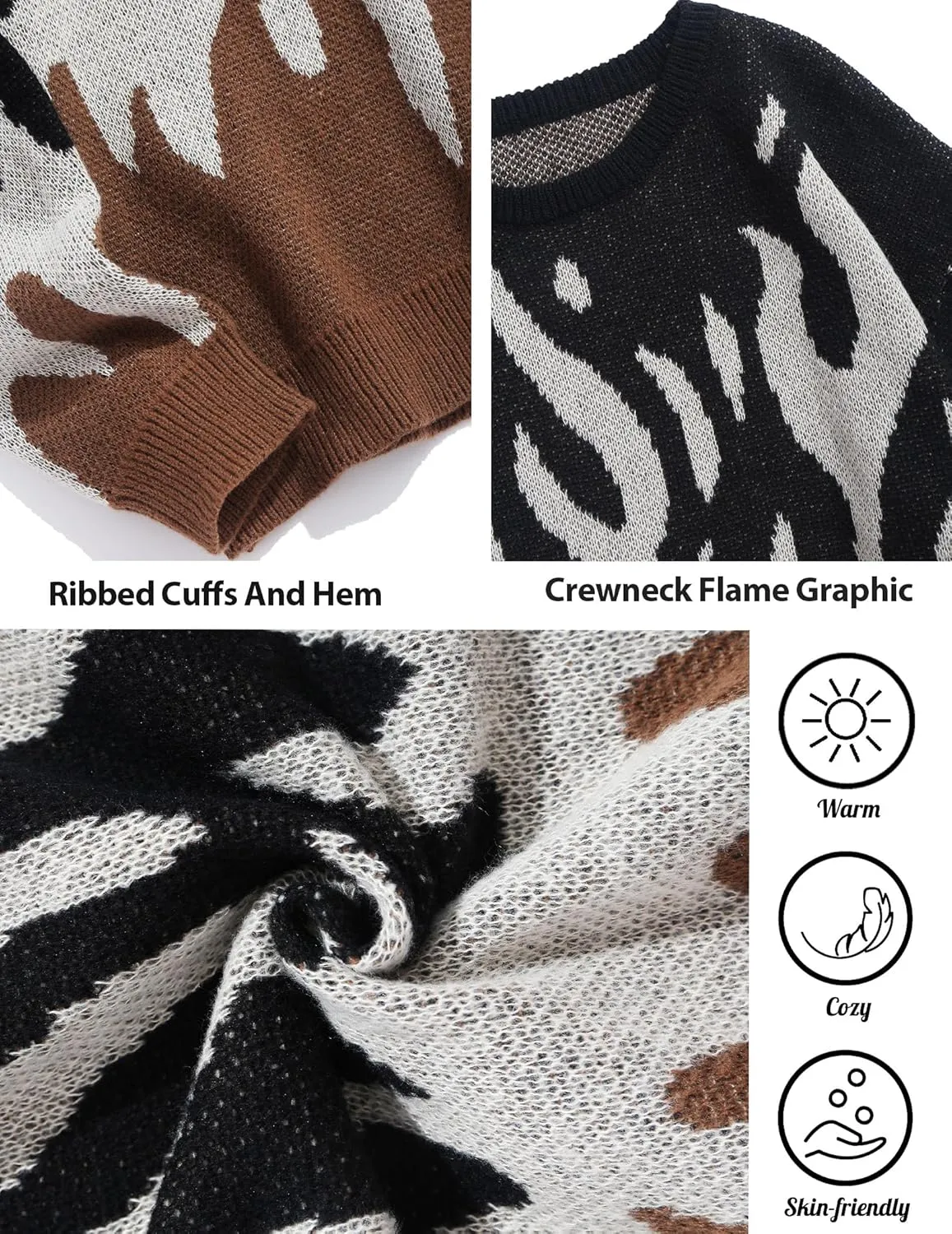 ZAFUL Mens Crewneck Oversized Sweaters Y2K Aesthetic Flame Graphic Knitted Sweater Casual Pullover Long Sleeve Jumpers
