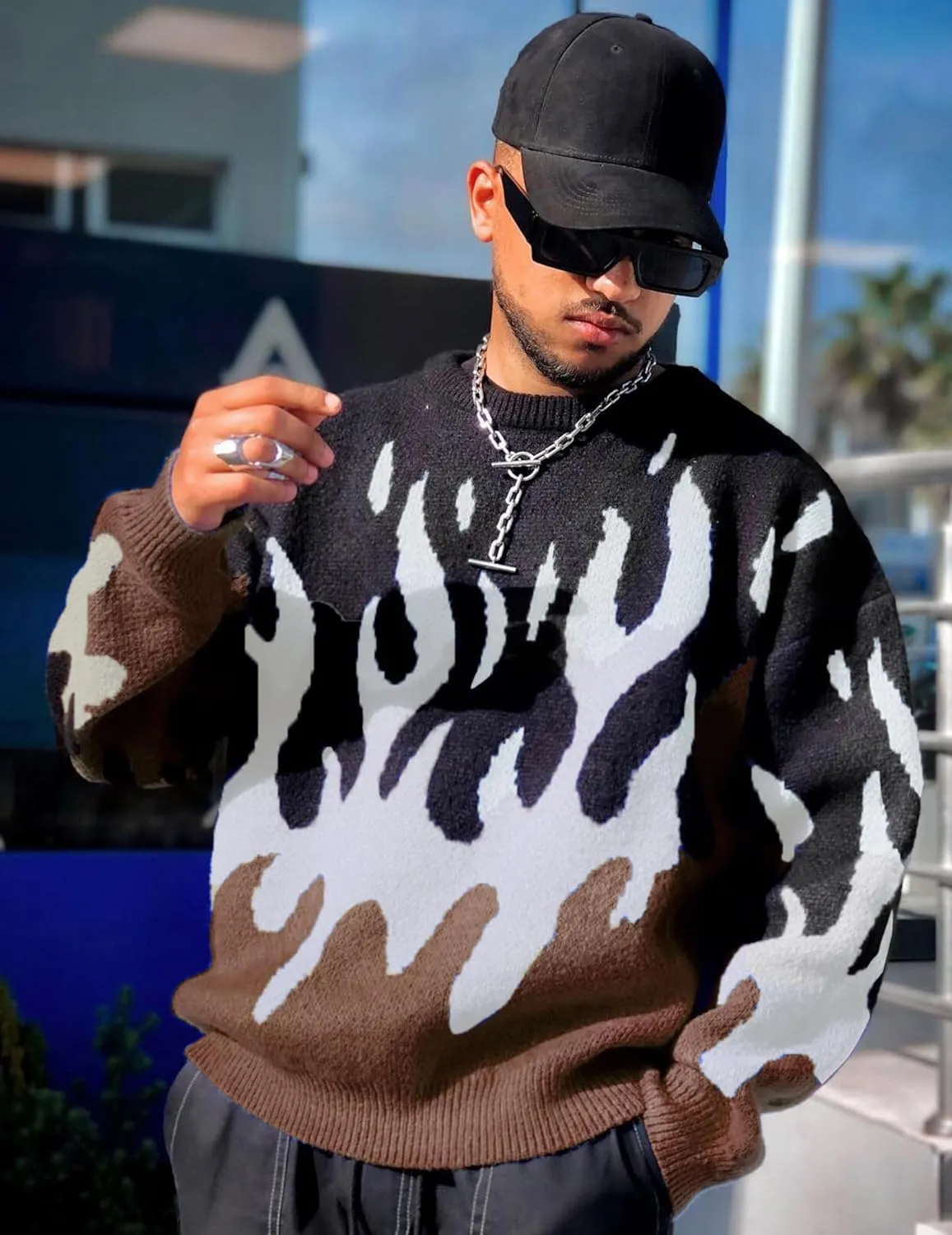 ZAFUL Mens Crewneck Oversized Sweaters Y2K Aesthetic Flame Graphic Knitted Sweater Casual Pullover Long Sleeve Jumpers