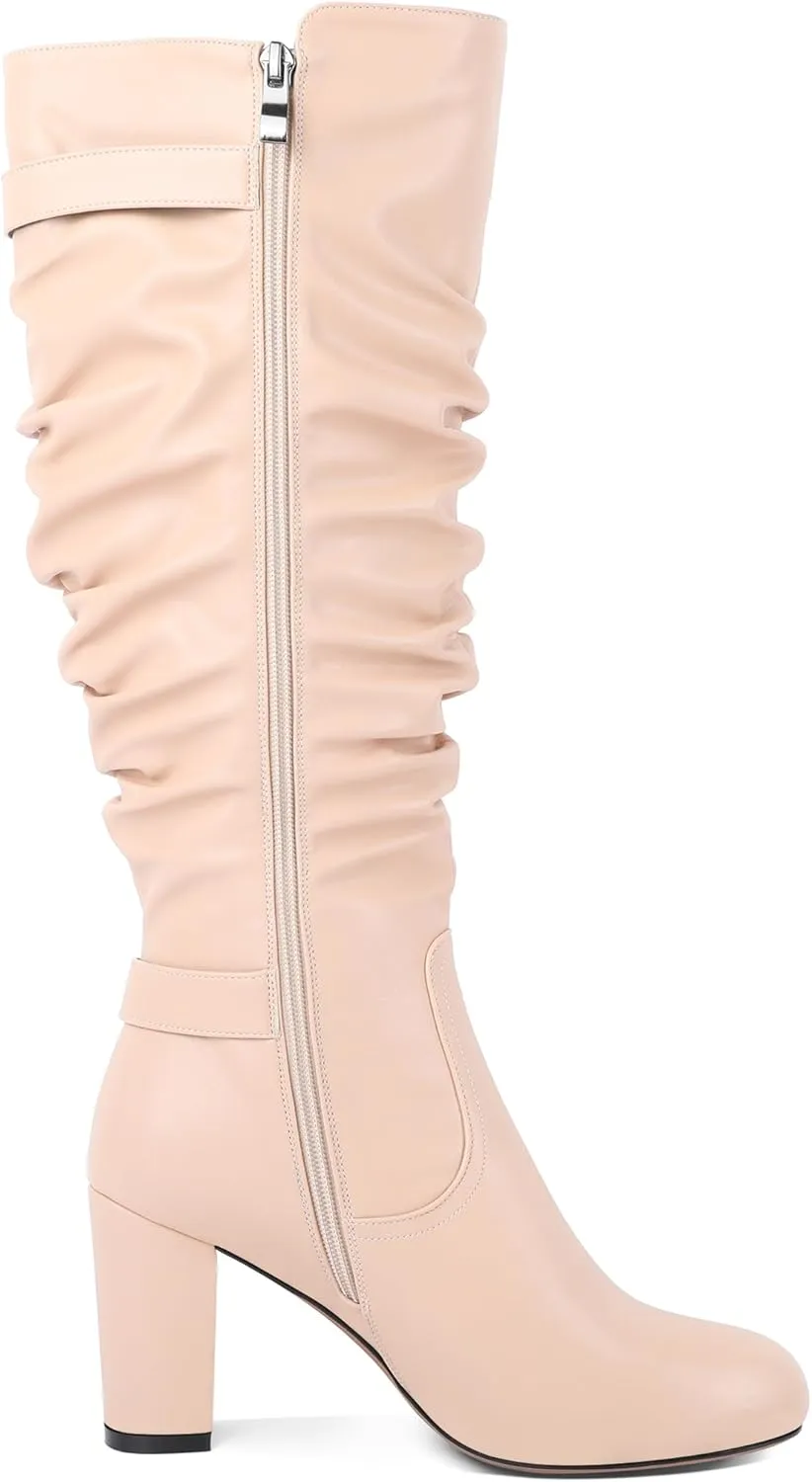 Zamikoo Slouchy High Heel Boots for Women Knee High Chunky Heel Boots Round Toe Slouch Metal Buckle Side Zipper Tall Boots 3.5 Inches