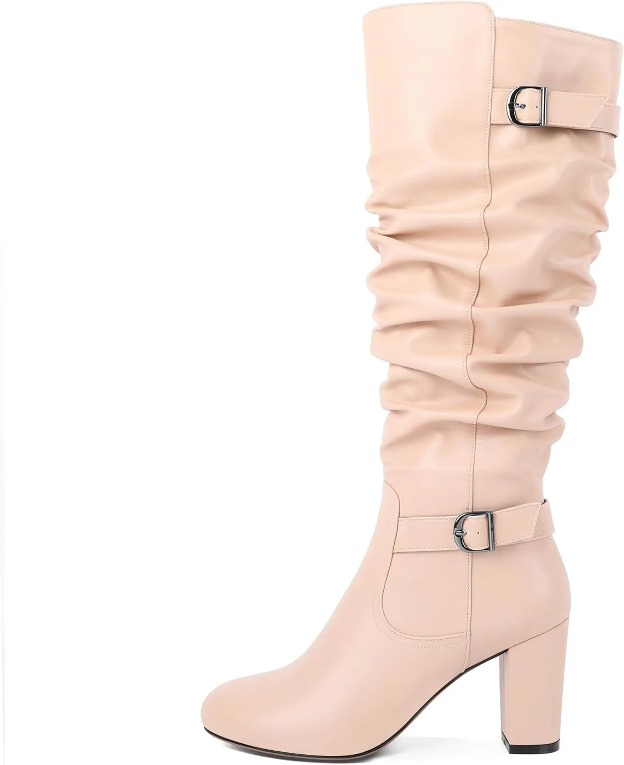 Zamikoo Slouchy High Heel Boots for Women Knee High Chunky Heel Boots Round Toe Slouch Metal Buckle Side Zipper Tall Boots 3.5 Inches