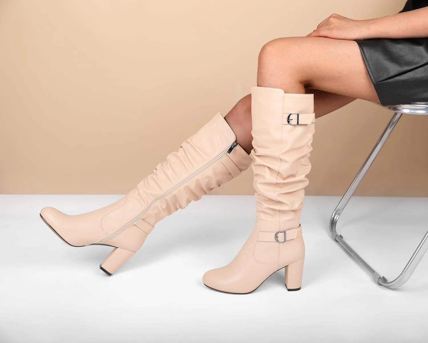 Zamikoo Slouchy High Heel Boots for Women Knee High Chunky Heel Boots Round Toe Slouch Metal Buckle Side Zipper Tall Boots 3.5 Inches
