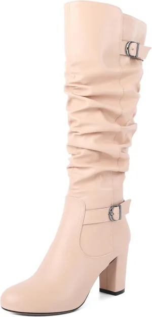 Zamikoo Slouchy High Heel Boots for Women Knee High Chunky Heel Boots Round Toe Slouch Metal Buckle Side Zipper Tall Boots 3.5 Inches