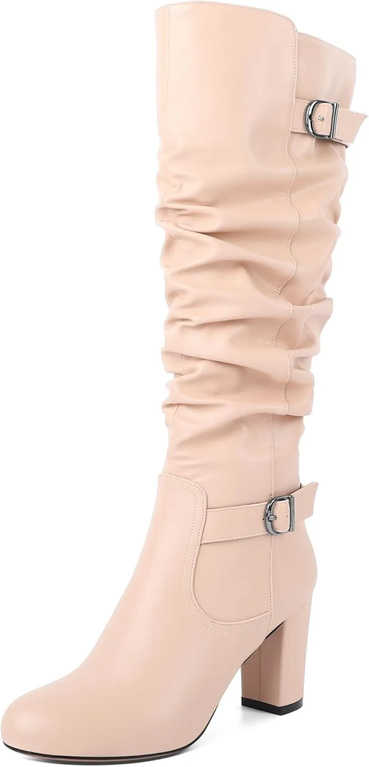 Zamikoo Slouchy High Heel Boots for Women Knee High Chunky Heel Boots Round Toe Slouch Metal Buckle Side Zipper Tall Boots 3.5 Inches
