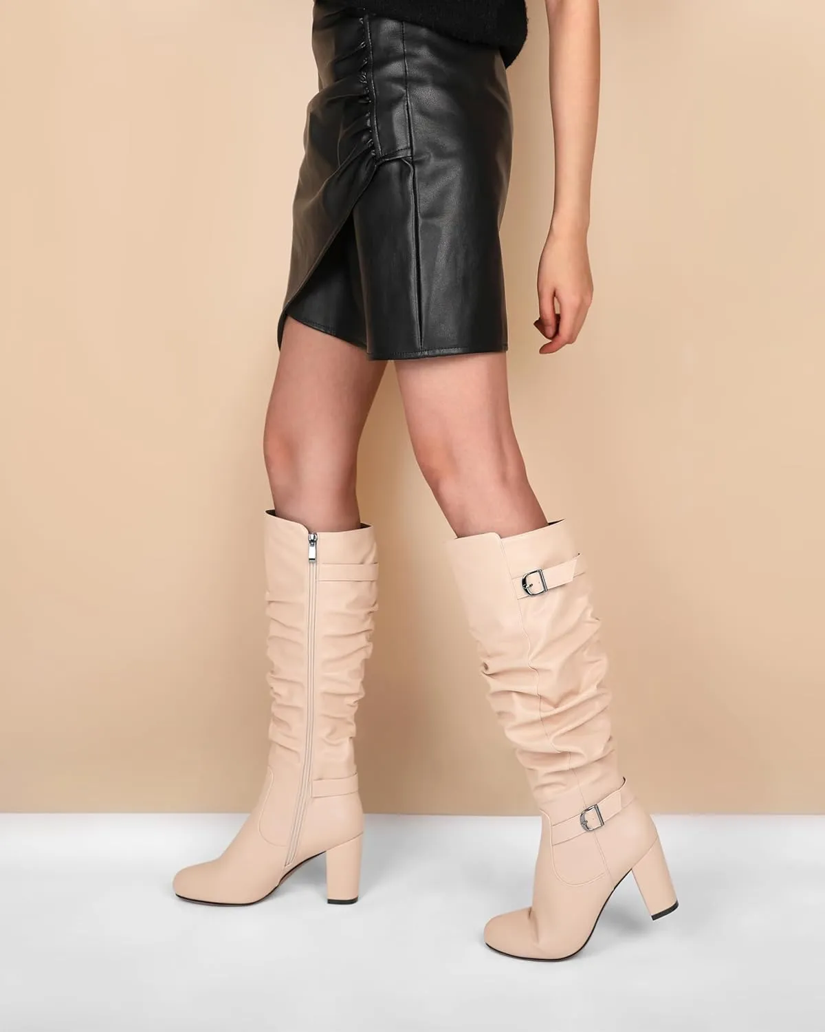 Zamikoo Slouchy High Heel Boots for Women Knee High Chunky Heel Boots Round Toe Slouch Metal Buckle Side Zipper Tall Boots 3.5 Inches