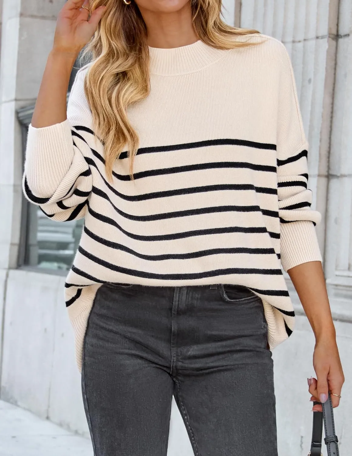 ZESICA Women's Fall Casual Long Sleeve Crew Neck Side Slit Oversized Ribbed Knit Pullover Sweater Tops