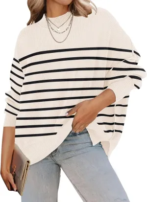 ZESICA Women's Fall Casual Long Sleeve Crew Neck Side Slit Oversized Ribbed Knit Pullover Sweater Tops