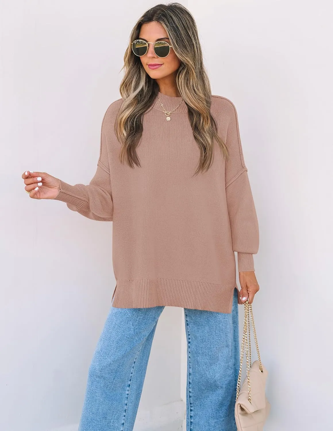 ZESICA Women's Fall Casual Long Sleeve Crew Neck Side Slit Oversized Ribbed Knit Pullover Sweater Tops