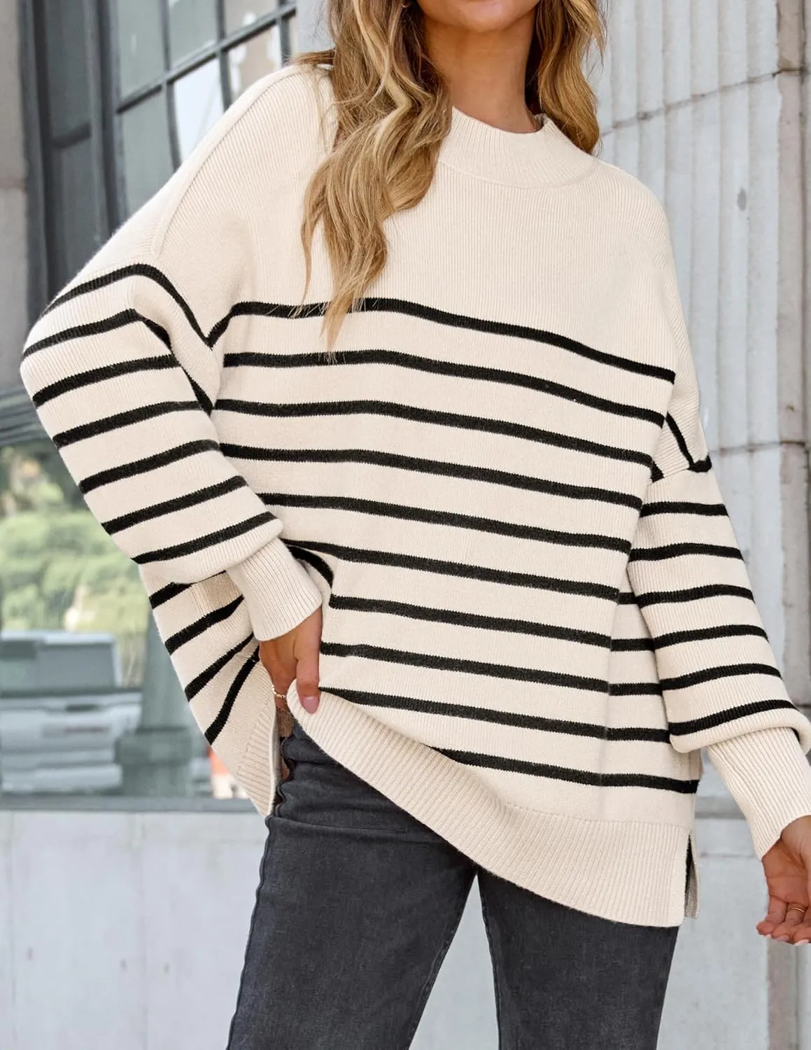 ZESICA Women's Fall Casual Long Sleeve Crew Neck Side Slit Oversized Ribbed Knit Pullover Sweater Tops