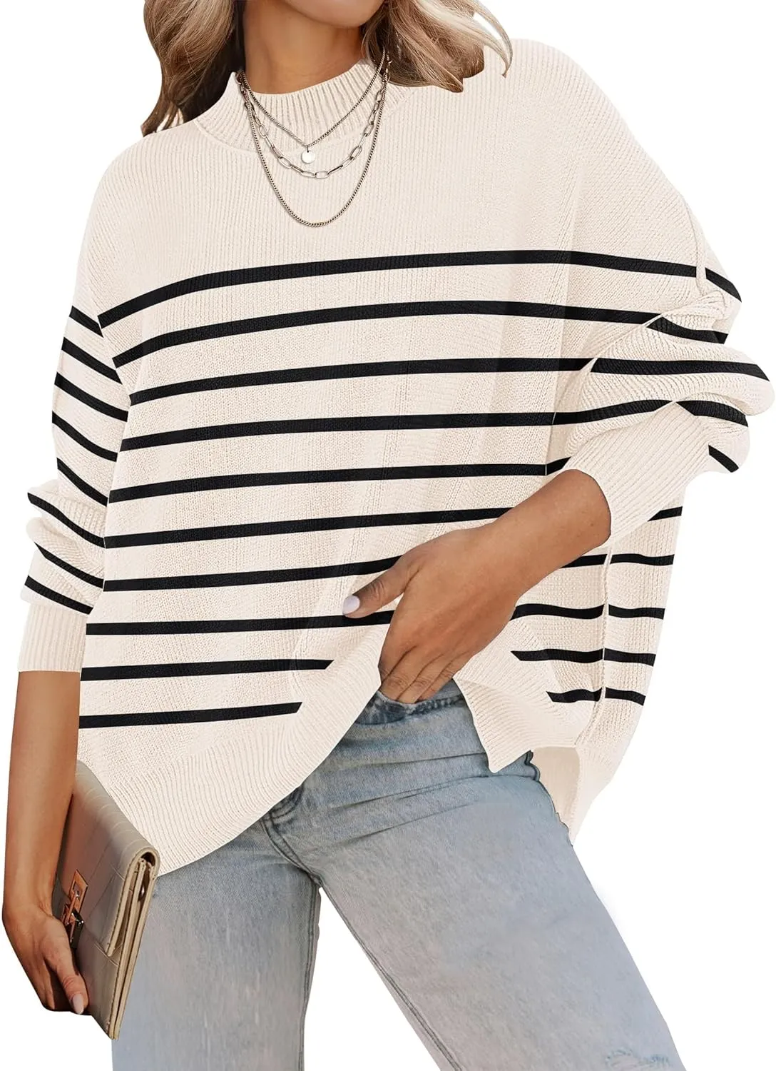 ZESICA Women's Fall Casual Long Sleeve Crew Neck Side Slit Oversized Ribbed Knit Pullover Sweater Tops