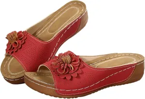 ZWRXW Orthopedic Sandals for Women,Arch Support Summer Beach Sandals,Fish Mouth Open Toe Leather Slippers,Chic Flowers Bohemian Flip Flops,Dressy Wedge Comfort Platform Sandal